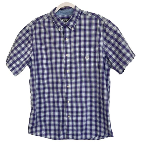 CHAPS Easy Care Purple Plaid Shirt Button Down Preppy Sharp Crest Logo Size L - Picture 1 of 11